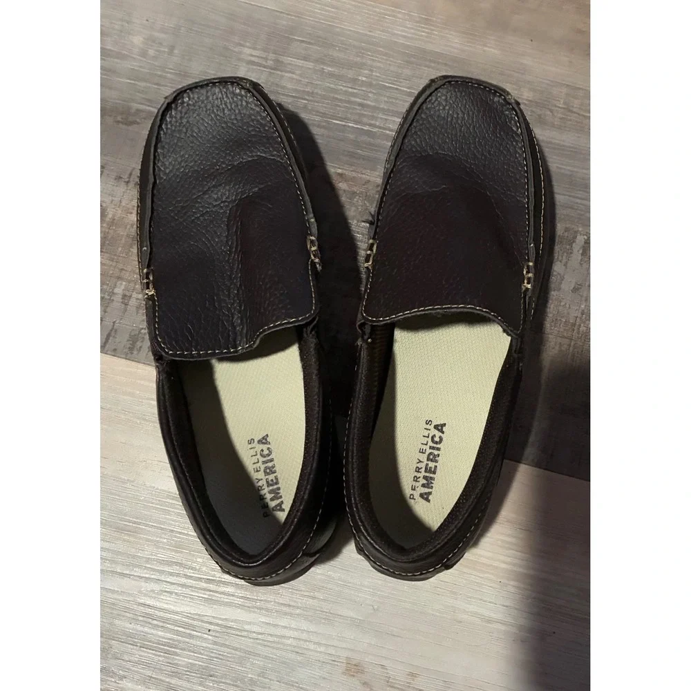 Perry Ellis America Kids Brown Leather Slip On Loafer Shoes Size 5